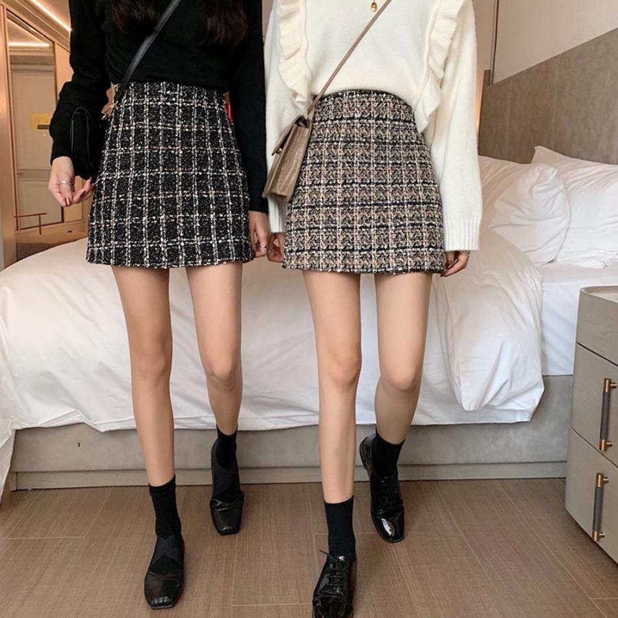 ひざ丈スカート | タイトスカート ハイウエスト チェック柄 レディース 台形スカート スカート ミニスカート ツイード