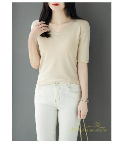 ｔシャツ・カットソー | サマーニット レディース Vネック トップス ニット 半袖 春服 春物 ニットチュニック 無地 きれいめ 春夏 黒 リブ 夏ニット 白 5分袖 涼し気