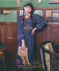 マキシ | ロングワンピース 長袖 花柄 フレア エスニック風 民族風 レトロ調 刺繍 綿麻 リゾート 旅行 レジャー お出かけ 外出 華奢魅せ 着痩せ 女子会 Vネック 同窓会