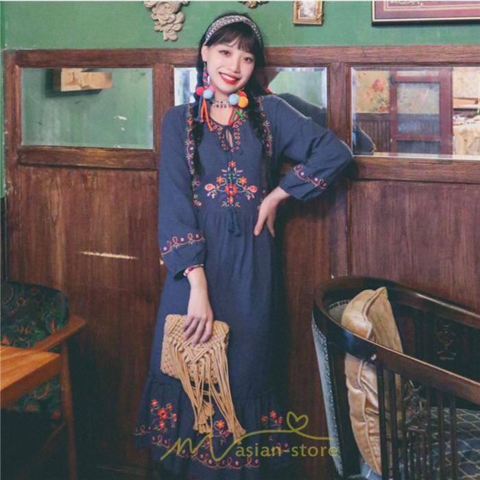 マキシ | ロングワンピース 長袖 花柄 フレア エスニック風 民族風 レトロ調 刺繍 綿麻 リゾート 旅行 レジャー お出かけ 外出 華奢魅せ 着痩せ 女子会 Vネック 同窓会
