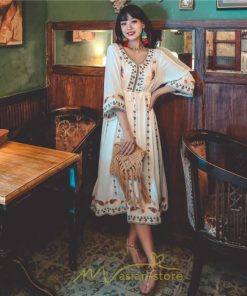 マキシ | 七分袖ワンピース Vネック ロング丈ワンピース エスニック ボヘミアン レディース 夏秋 綿麻 きれいめ フォーマル キレイめ 上品 ゆったり 大人 体型カバー