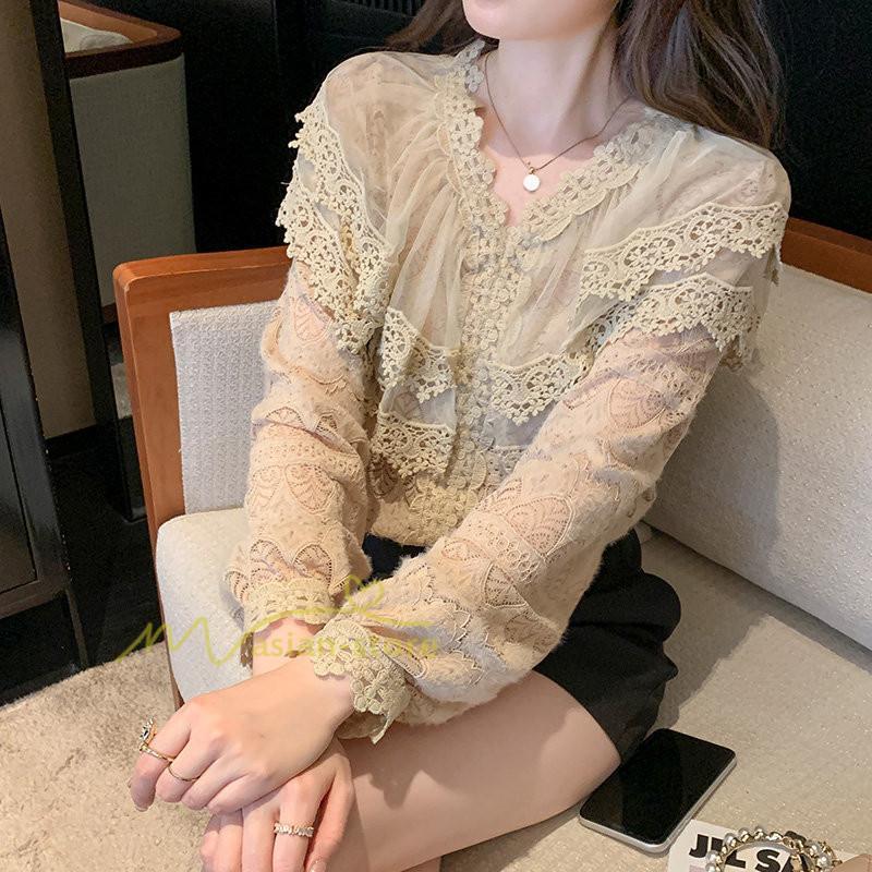 シャツ・ブラウス | ブラウス レディース きれいめ 40代 春秋新作 オシャレブラウス 無地シャツ 長袖トップス レースvネックブラウス 大人 50代 シャツ30代 ゆったり 通勤 夏物
