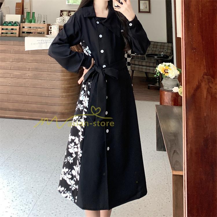 マキシ | ロングワンピース 秋物 レディース ミモレ丈 Aラインワンピース 切り替え フェイク レイヤード風 シャツワンピ お呼ばれワンピース 30代40代 着やせ 重ね着風