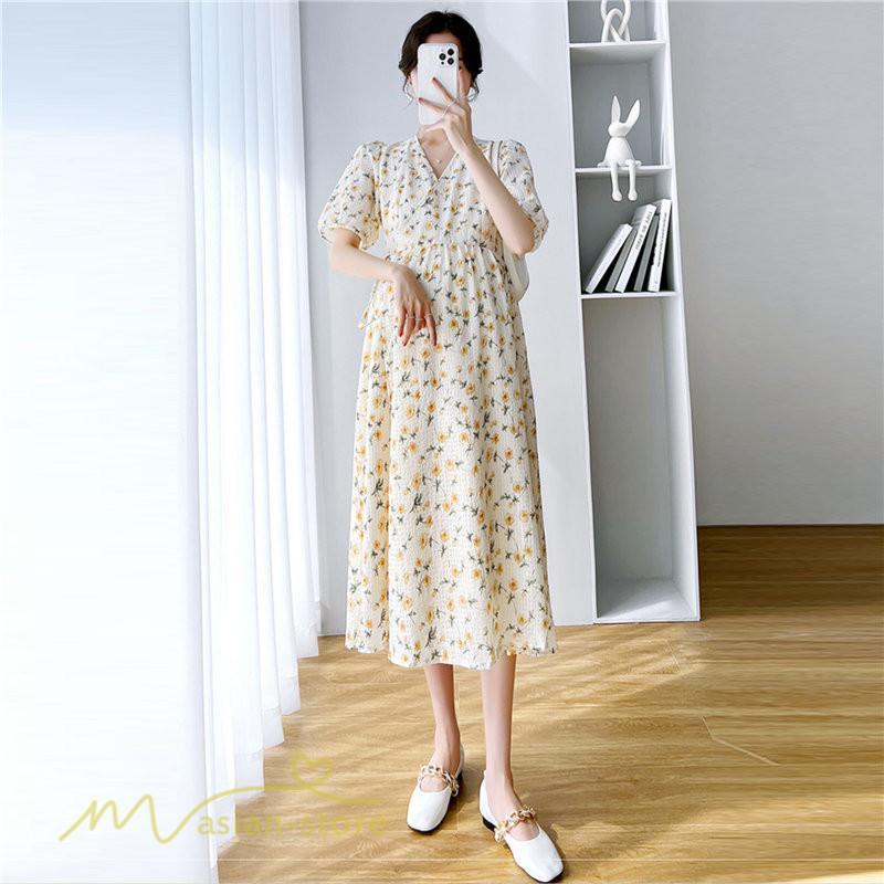ワンピース | マタニティレディース 着痩せ 小花柄 Vネック マタニティ Aライン 夏新作 ひざ丈 韓国風 半袖 カジュアル 妊婦服 マタニティウェア