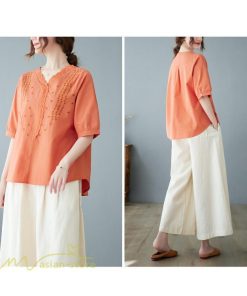 tシャツ・カットソー | Tシャツ ブラウス レディース Vネック カジュアル エレガント 半袖 30代 40代 カットソー 夏新作 おしゃれ 大きいサイズ 体型カバー コットン 麻混 ゆったり