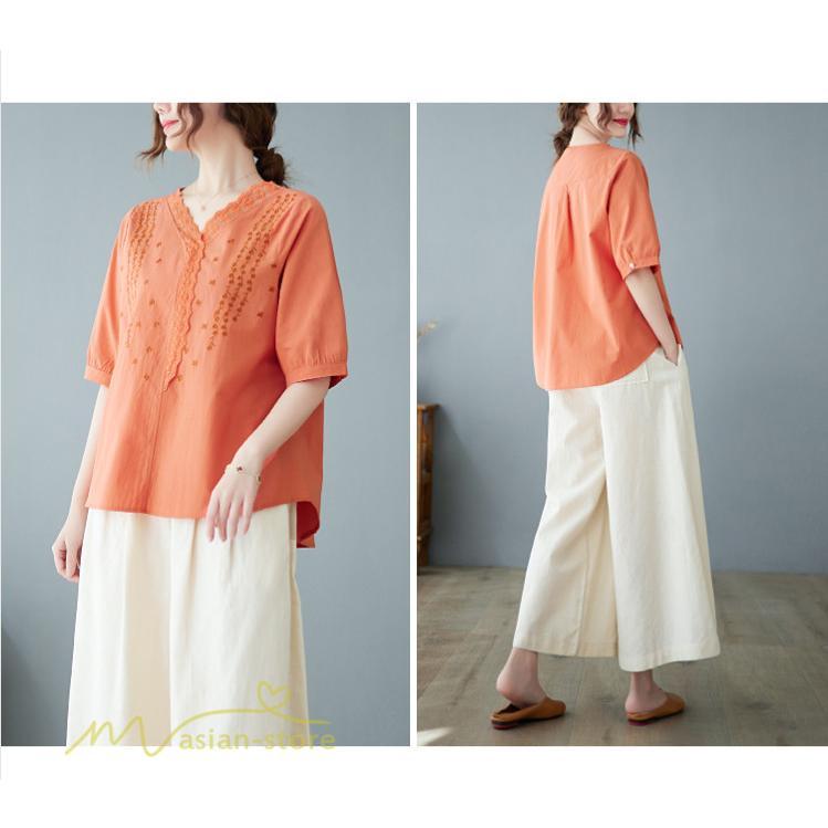 tシャツ・カットソー | Tシャツ ブラウス レディース Vネック カジュアル エレガント 半袖 30代 40代 カットソー 夏新作 おしゃれ 大きいサイズ 体型カバー コットン 麻混 ゆったり