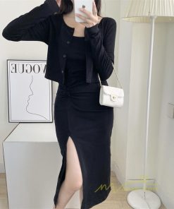 ミディアム | ワンピース タイトワンピース カーディガン セットアップ 2点セット セクシー 膝丈 スリット パーティー キャミソールワンピース スリム 無地 大人 美ライン