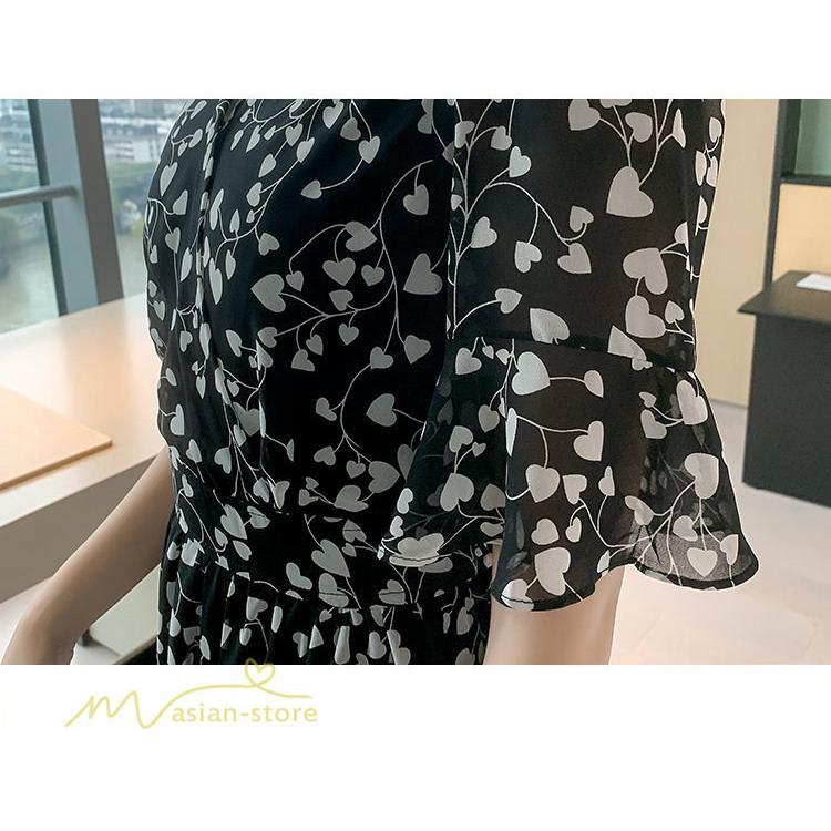 マキシ | ワンピース レディース マキシワンピース 小花柄 Vネック 半袖 5分袖 サマーワンピース シフォン Aラインワンピース 春 エレガント 夏 ウエストゴム ロング丈