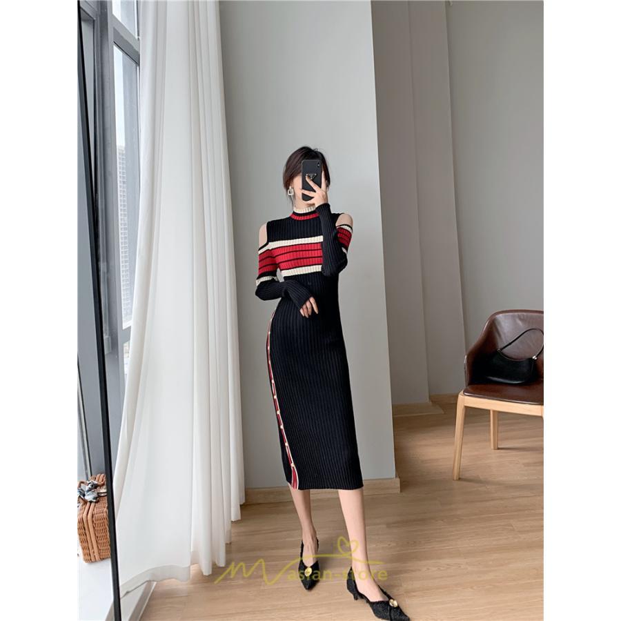ニットワンピース | ワンピース 秋 秋服 レディース ニット ロングワンピース ロング 長袖 肩出し 秋冬 送料無料 セクシー フェミニン デート 春 お出かけ 結婚式 暖か 通勤