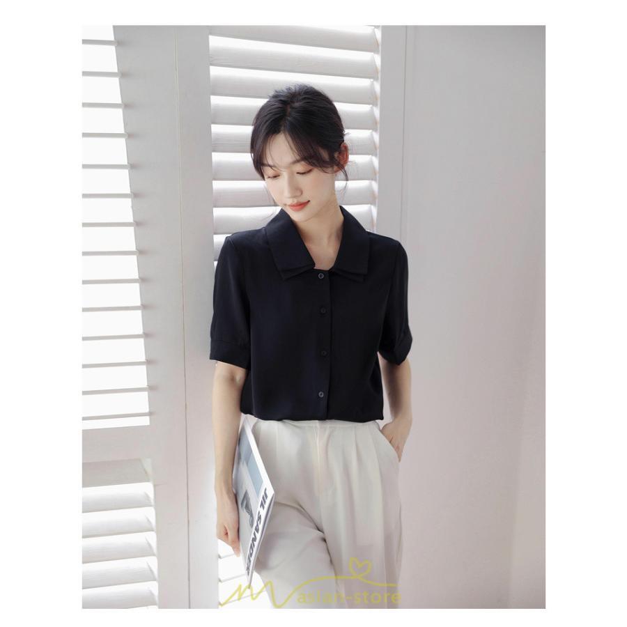 シャツ・ブラウス | トップス ブラウス 半袖 シャツ レディース オフィス フォーマル 白 黒 開襟 二重襟 バブルスリーブ 着痩せ フランス風 仕事服 クラシック 無地 通勤 大人 上品