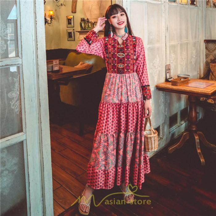 マキシ | ワンピース ロング 着やせ効果抜群 夏秋 長袖 他と被らない 刺繍 上品 きれいめ ロングワンピース マキシワンピ 舞台 演出 パーティー ダンス