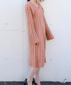 ワンピース | ニット秋冬 レディース ミモレワンピ きれいめ 膝丈下 Vネック フェミニン 長袖リブニット