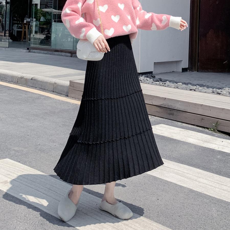 フレアスカート | カジュアル Aラインスカート ボトムス ティアードスカート レディース ニットスカート プリーツスカート体型カバー 着やせ ウエストゴム