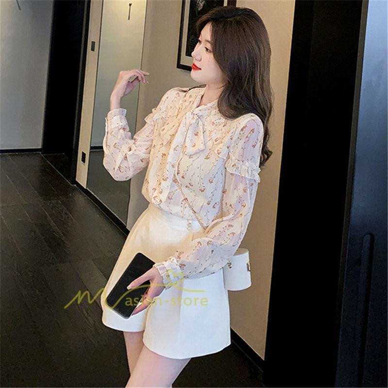 シャツ・ブラウス | ブラウス トップス シャツ レディース シフォン 無地 長袖シャツ ファッション カジュアル エレガント 細身 優雅 通勤 花柄 新作 リボン付き 上品 オシャレ OL