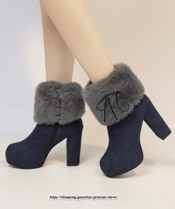 ブーツ | ショートレディース 6cmヒール ファー サイドジッパー 太めヒール 冬 保温 防寒 大きいサイズ 痛くない 冬靴 あったか オシャレ 疲れない