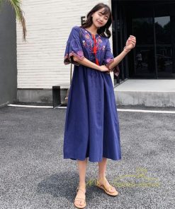 マキシ | ワンピース 半袖 夏物 レディース 秋服 綿麻 刺繍 フレアスリーブ ロングワンピース ミモレ丈 五分袖 ウエストゴム 大人 30代40代 Aラインワンピ リボン付き