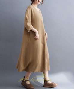 送料無料SALE | 夏ワンピース 五分袖 麻ワンピース Aラインワンピース 大きめ ゆったり 無地 Vネック ミモレ丈 ロングワンピース 女っぽい 通学通勤 30代40代 可愛い 大人