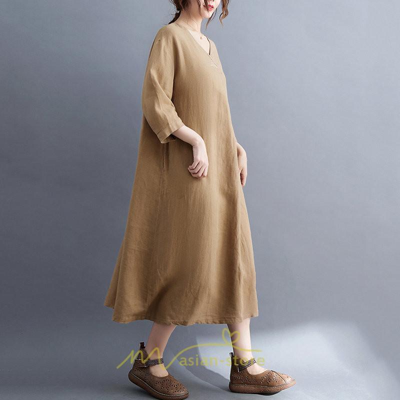 送料無料SALE | 夏ワンピース 五分袖 麻ワンピース Aラインワンピース 大きめ ゆったり 無地 Vネック ミモレ丈 ロングワンピース 女っぽい 通学通勤 30代40代 可愛い 大人