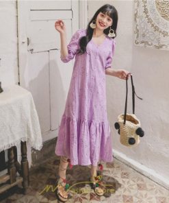 マキシ | ワンピース レディース 夏秋 無地 ロング丈 長袖 白 紫 大人 上品 20代 30代 40代 刺繍 レース ママ 母 痩せて見える 同窓会 デート 謝恩会  女子会 食事会