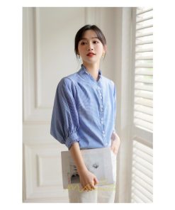 シャツ・ブラウス | ブラウス コットン 七分袖 レディース 青 入学式 入園式 卒業式 卒園式 フォーマル 結婚式 ママ 着痩せ 華奢見え OL お仕事 20代30代40代 通勤 新作 ビジネス