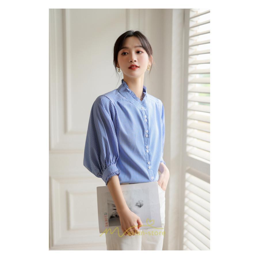 シャツ・ブラウス | ブラウス コットン 七分袖 レディース 青 入学式 入園式 卒業式 卒園式 フォーマル 結婚式 ママ 着痩せ 華奢見え OL お仕事 20代30代40代 通勤 新作 ビジネス