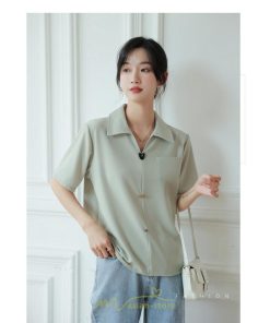 シャツ・ブラウス | ブラウス シャツ 夏 半袖 レディース 白 緑 無地 Vネック 開襟 胸ポケット 通気性 シンプル フランス風 女性 オフィス エレガント 上品 着痩せ 通勤 華奢見え OL