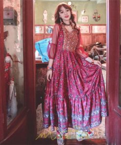 マキシ | マキシ丈ワンピース 夏 リゾート 花柄 ロング丈ワンピース ロング 七分袖 民族風 エスニック風 体型カバー 可愛い おしゃれ フェミニン 着痩せ 上品