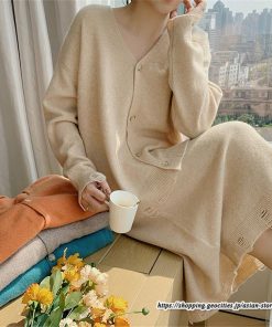 セットアップ | ニットレディース ニットカーディガン ニットスカート ウエストゴム 羽織りニット ダメージ加工 秋冬 長袖 ミモレ丈 無地