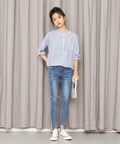 シャツ・ブラウス | 長袖シャツ レディース トップス ブラウス ストライプ 立てカラー 20代30代40代 五分袖に変える 可愛い ポケット