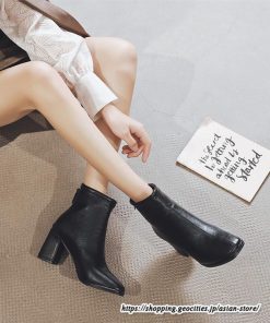 ショートブーツ | レディース 裏起毛あり 裏起毛なし スクエアトゥ ブーツ チャンキーヒール 太ヒール 後ろファスナー ミドルヒール 大人 靴 シューズ 黒ブーツ