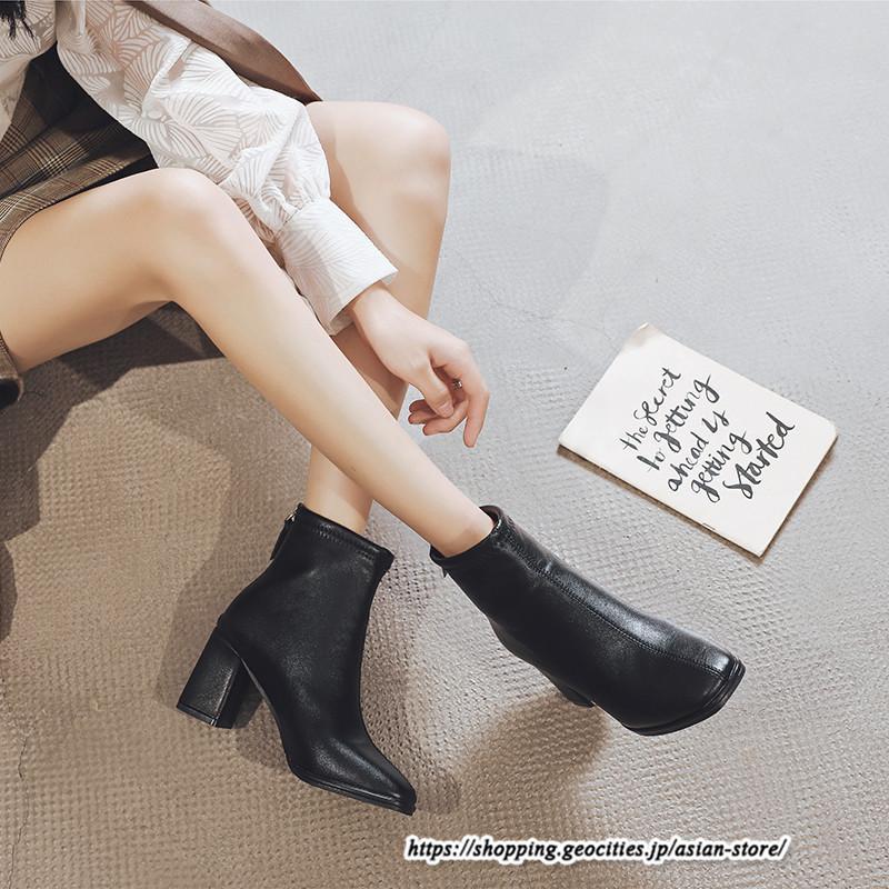 ショートブーツ | レディース 裏起毛あり 裏起毛なし スクエアトゥ ブーツ チャンキーヒール 太ヒール 後ろファスナー ミドルヒール 大人 靴 シューズ 黒ブーツ