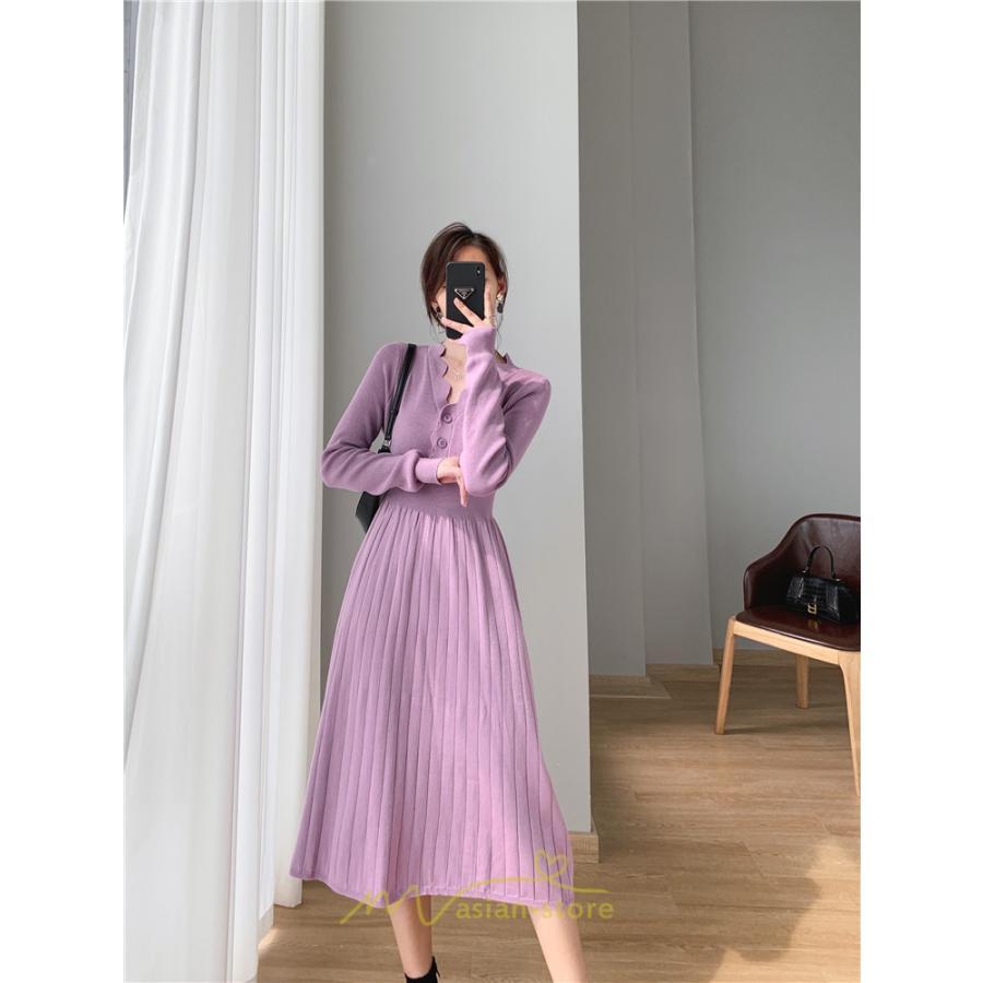 ニットワンピース | ワンピース 春 春服 レディース 長袖 ゆったり 秋 冬 ロング丈 可愛い 2022秋冬 暖か 通勤 おしゃれ デート 20代30代40代50代 女子会 同窓会