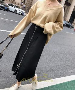 スカート | レディース タイト膝丈ストレッチ ジップアップ ボトムス ファスナー ブラック 無地 シンプル 伸縮性ある生地 膝下丈