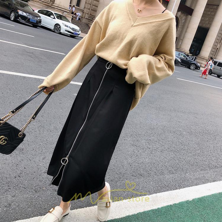 スカート | レディース タイト膝丈ストレッチ ジップアップ ボトムス ファスナー ブラック 無地 シンプル 伸縮性ある生地 膝下丈