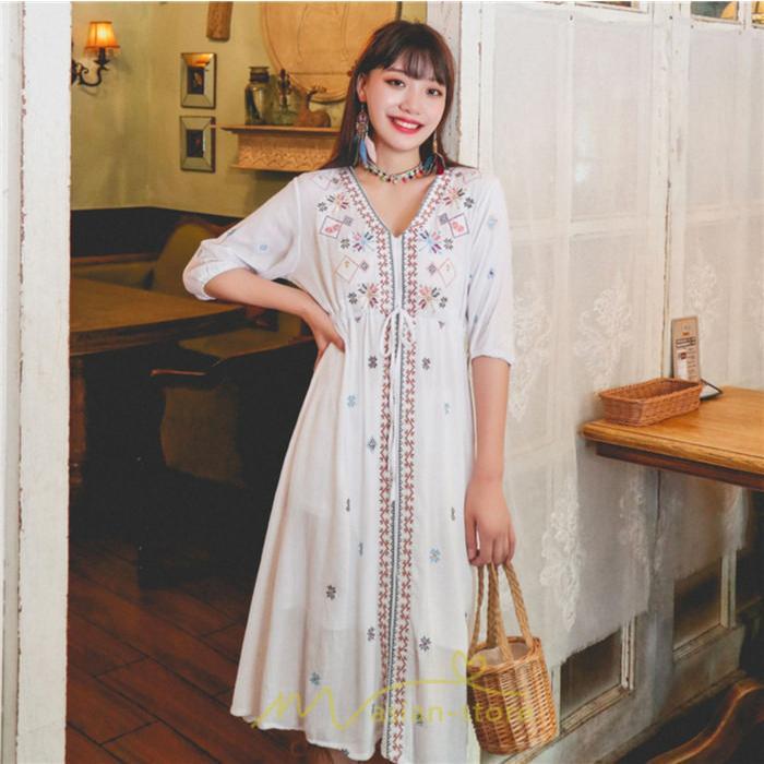 マキシ | ワンピース 膝下 カジュアル 上品 きれいめ 通勤 レディース 七分袖 体型カバー インスタ映え 撮影 個性的 クラシック 大人可愛い 高級感 普段使い 海外旅行