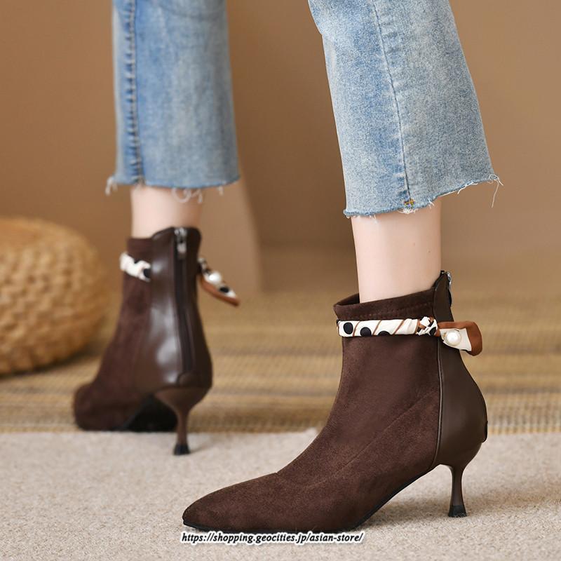 ブーツ | ブーティ ショート レディース ピンヒール 痛くない ファスナー 疲れない 歩きやすい 暖かい 秋冬 飾り 外出 お出かけ デート 女子会 二次会