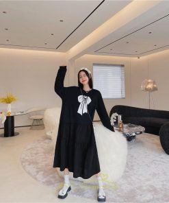 マキシ | 切り替えワンピース 長袖ワンピース 大きいサイズ ゆったり 体型カバー 黒ワンピース プリント ちょう 30代50代 かわいい 秋物 大人40代 レディース