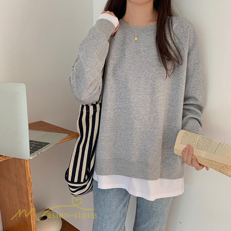 パーカー | 重ね着トレーナー レディース 長袖 トップス カジュアル スウェット 重ね着風 チュニック 体型カバー カットソー ゆったり カジュアル プルオーバー トレーナー