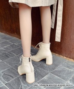 ショートブーツ | レディース 裏起毛なし 裏起毛あり スクエアトゥ ブーツ チャンキーヒール 太ヒール シューズ ハイヒール レースアップ 後ろファスナー 靴