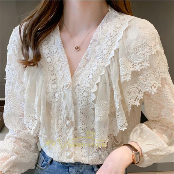 シャツ・ブラウス | ブラウス レディース きれいめ 40代 春秋 オシャレ 長袖 ブラウス レーストップス 夏物 Vネック 20代30代 着痩せ 通勤通学 着回し カジュアル 韓国ファッション
