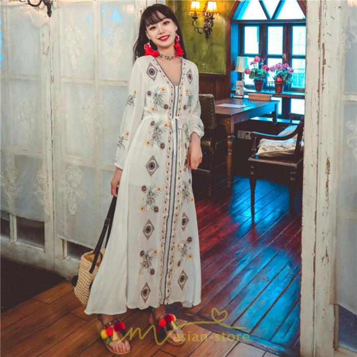 マキシ | ワンピース 長袖 レディース ロング丈 マキシ丈 綿麻 コットン リネン Aライン ゆったり 体型カバー 大人 可愛い 海外旅行 秋 夏 エスニック ナチュラル 春