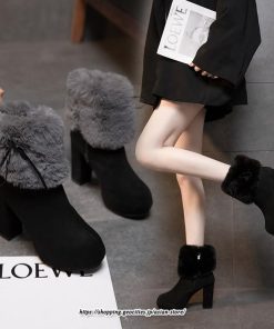 ブーツ | ショートレディース 10cmハイヒール ファー 冬用 保温防寒 太めヒール サイドジッパー スエード調 痛くない 冬靴 オシャレ 歩きやすい 痛くない