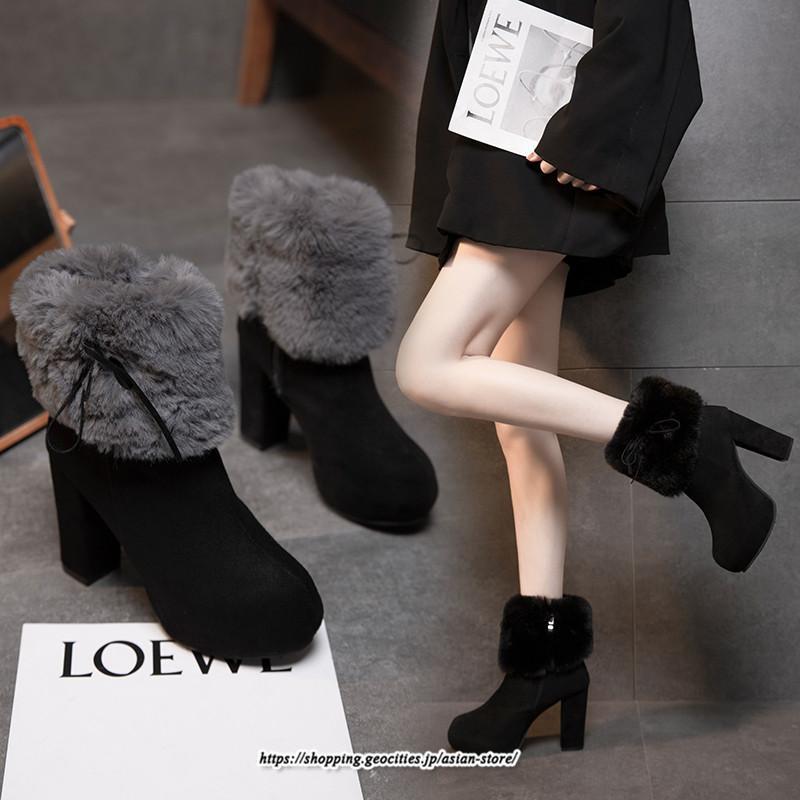 ブーツ | ショートレディース 10cmハイヒール ファー 冬用 保温防寒 太めヒール サイドジッパー スエード調 痛くない 冬靴 オシャレ 歩きやすい 痛くない