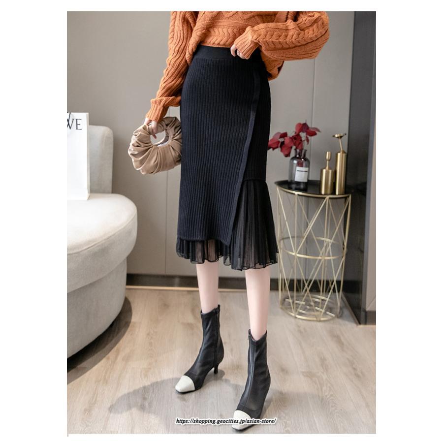 スカート | レディース 春 おしゃれ タイトフリルレイヤード ミモレ丈 ロング丈 ニット きれいめ オフィス カジュアル 秋冬