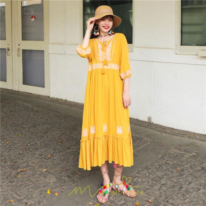 マキシ | ワンピース きれいめ レディース 夏 秋 ロング 上品 大人 七分袖 お出かけ 高見え 赤 白 黄色 上質 20代 50代 40代 ゆったり リゾート 30代 旅行 体型隠し