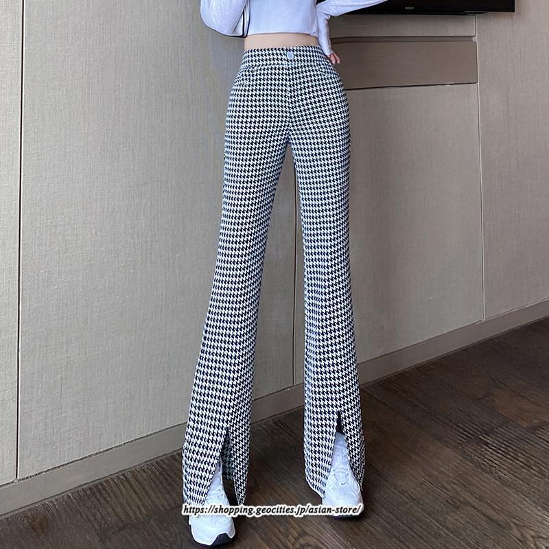 チノ・テーパード・ジョガー・スキニーパン | パンツ レディース フレアパンツ ロングパンツ 千鳥格柄 スリット カジュアル ハイウエスト ワイドパンツ トレンド おしゃれ 送料無料 楽ちん お出かけ かわいい