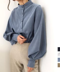 シャツ・ブラウス | フォーマル バルーン袖 スタンドカラー 無地 長袖チュニックシャツ おしゃれ 着やせ ハンドカラー レディース ブラウス トップス