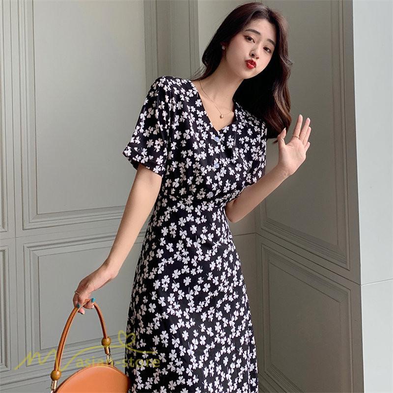 ミディアム | ワンピース レディース 着痩せ 花柄 半袖 大きいサイズ 上品 Aラインワンピース ゆったり Vネック ハイウエスト ミディアム丈 お出かけ 通勤 ひざ丈 通学