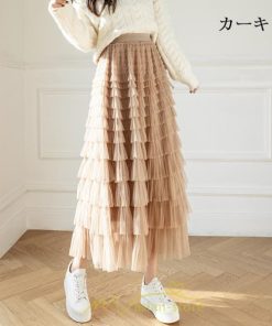スカート | ロングレディース ティアードチュールプリーツおしゃれ 無地 可愛い カジュアル 韓国風 20代 40代 50代 30代