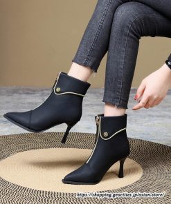 ショートブーツ | レディース 春秋ブーツ ポインテッドトゥ ブーツ ピンヒール フロントファスナー 靴 シューズ ハイヒール 黒ブーツ 30代 上品 大人 おしゃれ
